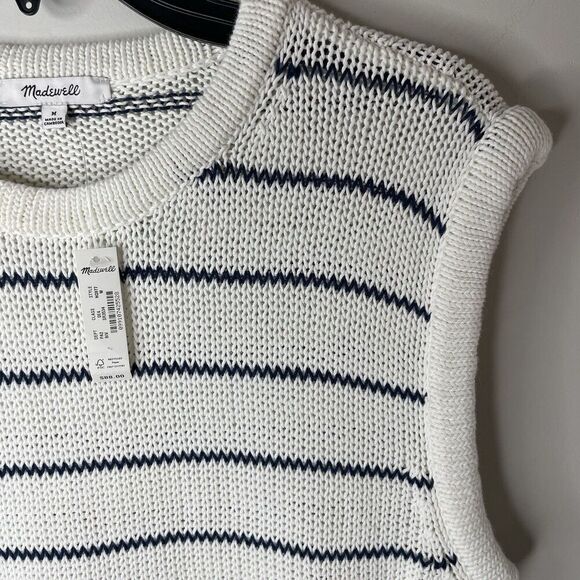 MADEWELL Sweater Vest Women M Puff-Trim Cotton Linen Pullover NEW Stripe NQ977 - Picture 8 of 14